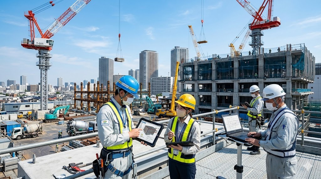 建設現場でタブレットやデジタル技術を活用する作業員たち｜建設業の人手不足対策イメージ